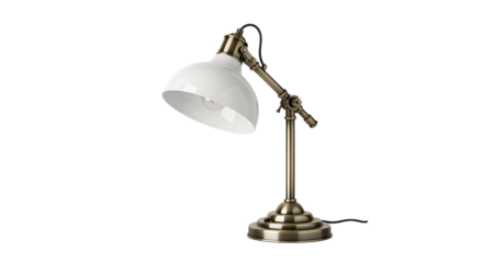 Antique brass adjustable desk lamp with white dome shade, cutout, PNG isolated on white or transparent background table lamp