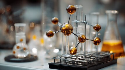 Chemical structure model alongside scientific laboratory glassware and tools