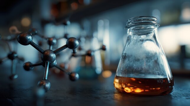 Chemical laboratory workspace: bottle and molecule models for chemistry and science
