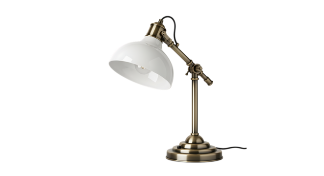 Antique brass adjustable desk lamp with white dome shade, cutout, PNG isolated on white or transparent background table lamp