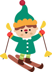 Vector Christmas skiing elf boy in green hat with ski sticks. Cute new year symbol gnome doing winter sport illustration for kids. Winter holiday dwarf icon isolated on white background
