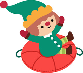 Vector Christmas elf boy in green hat sliding on inflatable snow tube. Cute new year symbol gnome doing winter sport illustration for kids. Winter holiday dwarf icon isolated on white background