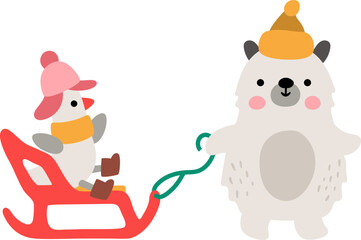 Vector polar or white bear in warm hat pulling sled with goose. Christmas animal clipart. Cute new year symbol illustration for kids. Winter holiday icon isolated on white background