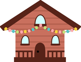 Vector colored minimalist chalet style house decorated with garland. Wooden Christmas home illustration isolated on white background. New Year or winter holiday cottage, villa icon