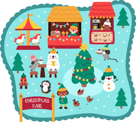 Vector Christmas fair landscape. Holiday market detailed scene with cute animals, birds drinking coffee, merry-go-round. New year village background for kids with sweet stand with elf
