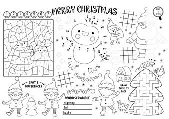 Naklejka premium Vector Christmas village placemat for kids. Winter holiday printable activity mat with maze, tic tac toe charts, connect the dots, find difference. New Year black and white play mat or coloring page