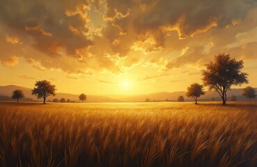 Fototapeta premium Golden hour sunset over a dry grass field with silhouetted trees and rolling hills. Warm light illuminates the textured landscape under a cloudy sky. Peaceful natural scene.