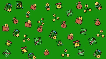 Abundant financial flat icons scattered on a vibrant green background - Powered by Adobe