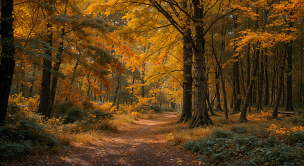 Obraz premium Winding forest path covered with fallen leaves, vibrant golden and orange autumn trees, tranquil natural woodland scene