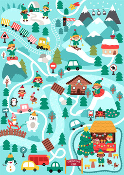Winter resort map with elves snowboarding, skiing, skating. Christmas village plan. New Year holiday background. Vector landscape with roads, tree, houses, fair, animals, sport activities