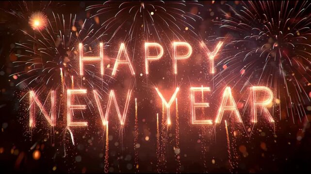 happy new year text with fireworks