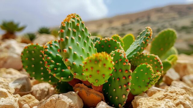 Cactus in Arid Landscape: A vibrant cactus plant, adorned with sharp spines and showcasing intricate patterns, thrives amidst a rocky, arid landscape under the warm, bright sunlight. 