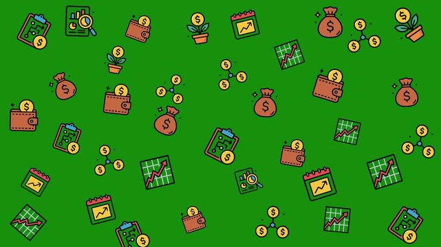 Abundant financial flat icons scattered on a vibrant green background