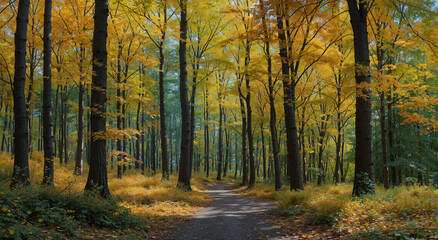 Obraz premium Tranquil forest path winding through dense autumnal woodland, sunlight illuminating vibrant yellow and golden leaves, serene nature