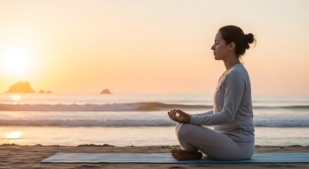 Woman Meditating on Beach at Sunset - Serene Yoga Practice.