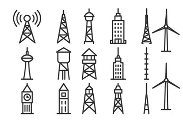 Fototapeta premium Iconic Towers Collection. Tower functions. Line icon set of Tower functions: communication tower, cellular tower, radio mast, broadcast tower, observation