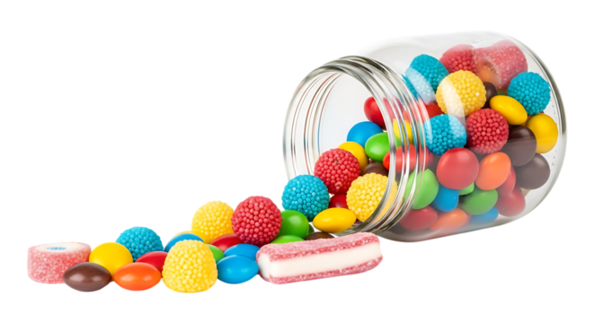 Glass jar tipped over spilling a colorful assortment of candies and gummies, cutout, PNG isolated on white or transparent background