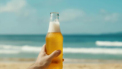 Refreshment on the Shore: A refreshing glass bottle, filled with a cold, golden beer, held gently, embodying the essence of relaxation and leisure on a bright, sunny beach day. 