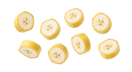 Slices of Ripe Yellow Banana Fruit Floating in the Air, cutout, PNG isolated on white or transparent background food