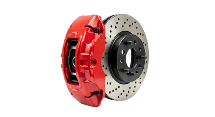 Red performance brake caliper and vented rotor assembly, cutout, PNG isolated on white or transparent background brake rotor