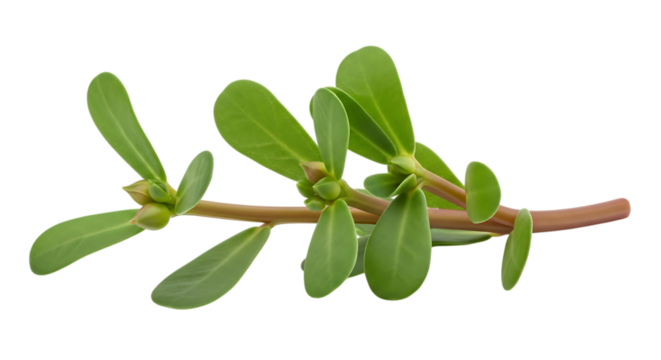 Fresh green purslane plant stem with oval leaves and small buds, cutout, PNG isolated on white or transparent background - Powered by Adobe