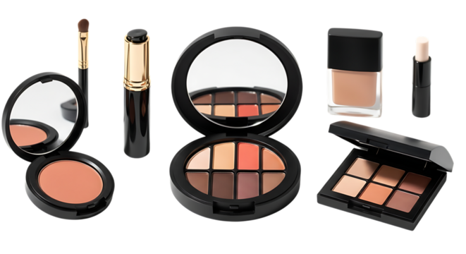Assorted makeup products including eyeshadow palettes blush foundation and lipstick, cutout, PNG isolated on white or transparent background