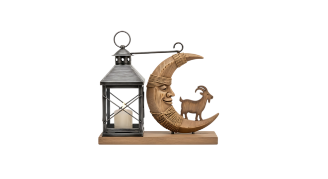 Rustic lantern with carved moon and goat decoration on wooden base, cutout, PNG isolated on white or transparent background