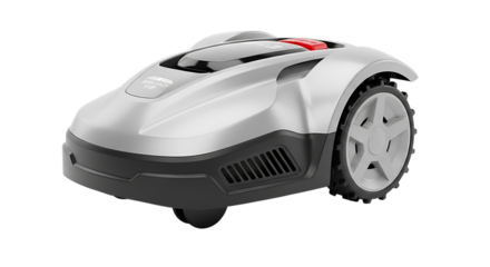 Silver and dark gray robotic lawn mower with red emergency stop button, cutout, PNG isolated on white or transparent background