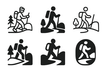 Nature Emblem Logos. Person in nature. Icon set. Set Logo of person in nature: hiker with backpack on a trail. harmonious logo variations of the same