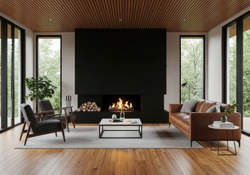 Modern living room interior with cozy fireplace and nature view - Powered by Adobe