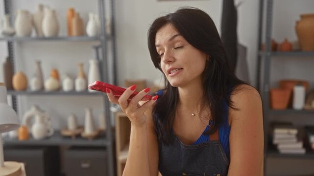 Young hispanic artisan woman holding smartphone to mouth for recording in studio with pottery shelves behind; creative inspiration.