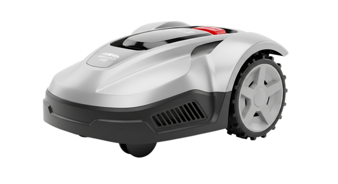 Silver and dark gray robotic lawn mower with red emergency stop button, cutout, PNG isolated on white or transparent background