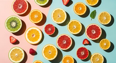 A vibrant, colorful flat lay of sliced citrus fruits like oranges, grapefruits, and lemons on a pastel pink and blue background.