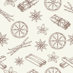 Vintage seamless pattern with hand-drawn winter spices: cinnamon sticks, vanilla pods, star anise, and citrus slices. Vector
