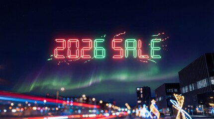 Bright 2026 sale drone light show in sky above modern city with colorful lights and northern aurora background at night