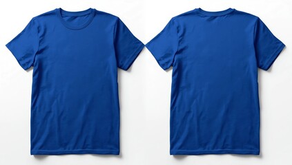 Blank template men blue t shirt short sleeve, front and back view bottom-up, isolated on white background with clipping path. Mockup concept tshirt for design and print