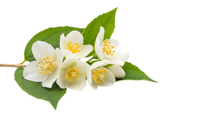 Fototapeta premium Delicate white jasmine flowers with vibrant green leaves on a dark background, cutout, PNG isolated on white or transparent background