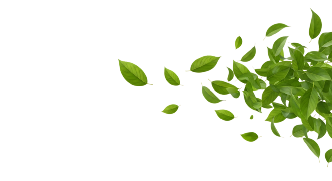 Lush green leaves scattering and swirling in a dynamic composition, cutout, PNG isolated on white or transparent background