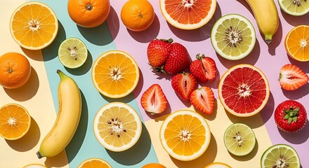 A vibrant flat lay of fresh, colorful, sliced fruits including oranges, strawberries, and kiwis on a pastel striped background.