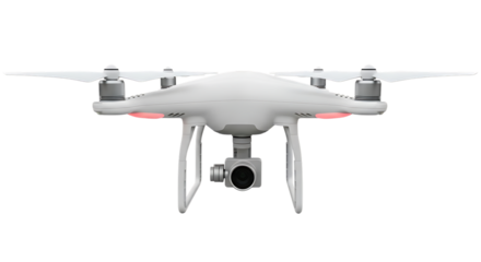 White quadcopter drone with camera and red indicator lights, cutout, PNG isolated on white or transparent background aerial vehicle