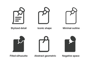 Pinned Post Icons. Pinned post design. Icon set. Set Logo of pinned post design: note with pin. harmonious logo variations of the same emblematic concept