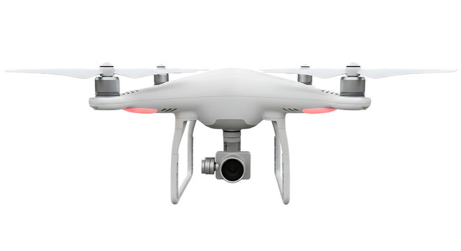 White quadcopter drone with camera and red indicator lights, cutout, PNG isolated on white or transparent background aerial vehicle - Powered by Adobe