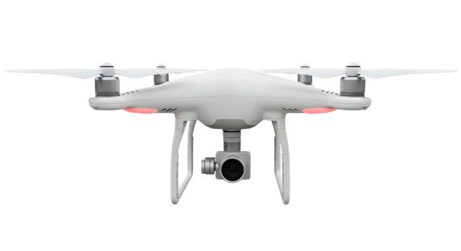 White quadcopter drone with camera and red indicator lights, cutout, PNG isolated on white or transparent background aerial vehicle