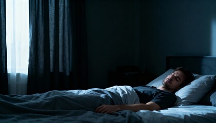 Man sleeping in with curtains closed, photorealistic bedroom scene with soft light and restful mood