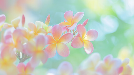 Fototapeta premium Pastel tropical flowers in soft focus natural background