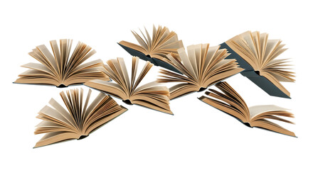 Collection of open antique books with aged pages fanned out, cutout, PNG isolated on white or transparent background open book