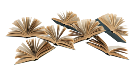 Collection of open antique books with aged pages fanned out, cutout, PNG isolated on white or transparent background open book