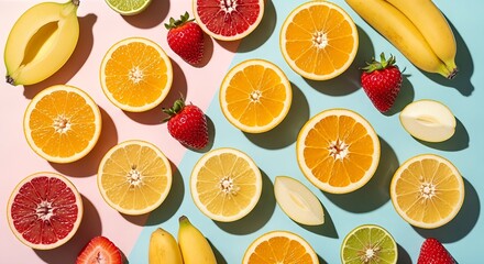 A vibrant flat lay of fresh sliced citrus fruits, strawberries, and bananas on a colorful split background.