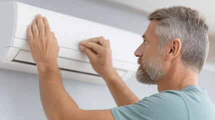 Obraz premium Technician repairing wall-mounted air conditioner unit