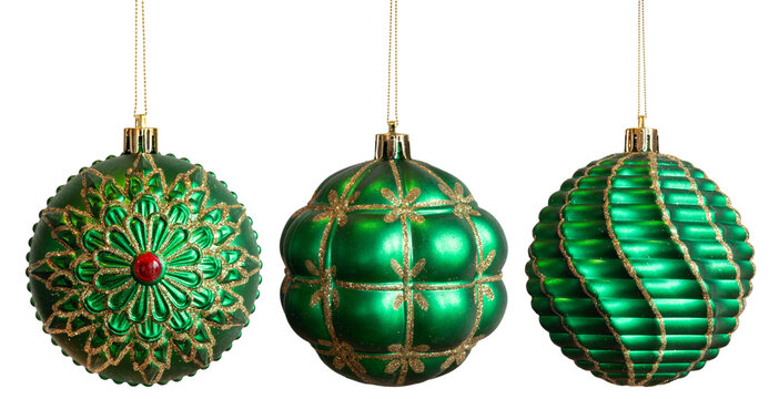 Three bright green Christmas tree ornaments with gold trim
